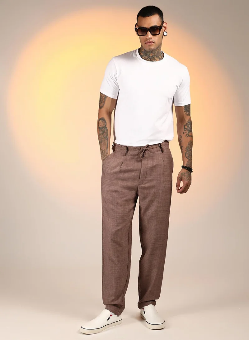 CAHOOT  Men's Ash Brown Solid Pleated Trousers For Casual Wear | Mid-Rise | Regular Fit | Drawstring Closure | Trousers Crafted With Comfort Fit For Everyday Wear for Men | Best Price UAE